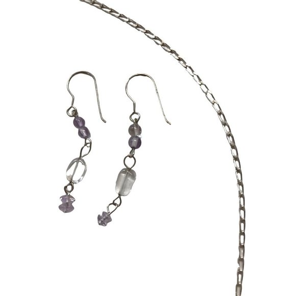 Set Delicate Silvertone 18" Necklace and 1.5" Drop Hook Earrings Orchid Beads - Picture 2 of 11